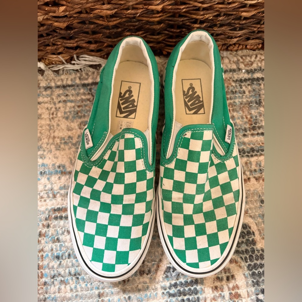 Vans women’s Checkered Green and White Slip-On Shoes